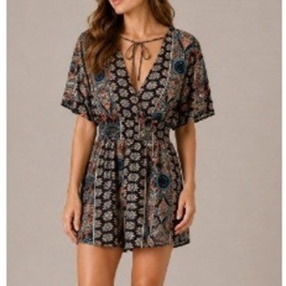 Shein Women's‎ Navy Teal Cinched Waist Floral Paisley V-Neck Midi Dress Size L
